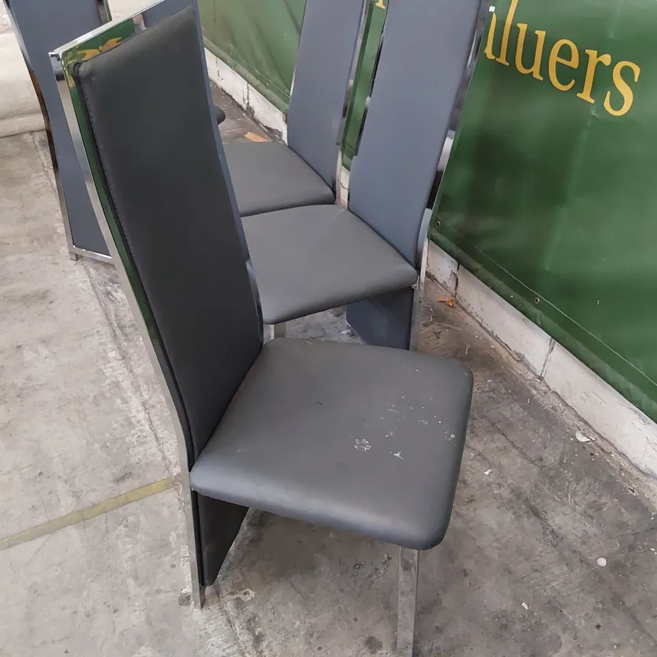 SET OF FOUR UPHOLSTERED HIGH BACK DINING CHAIRS GREY PU, CHROME FRAMES