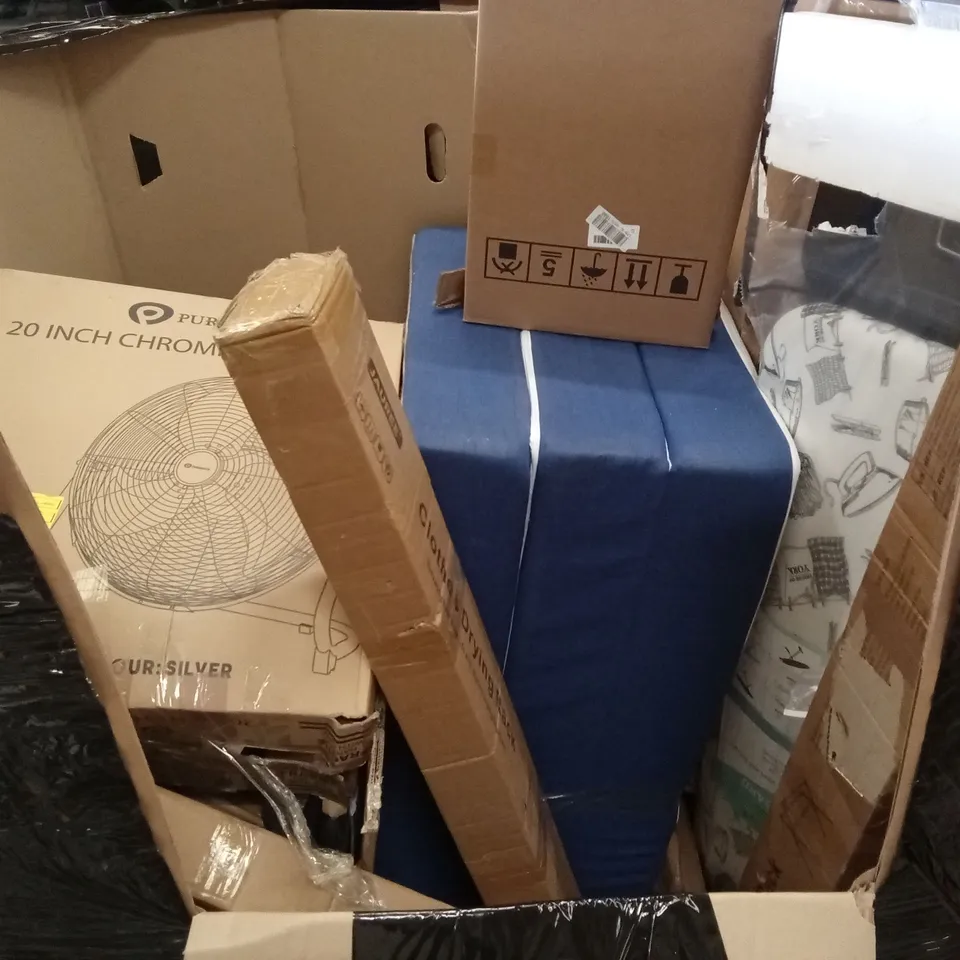PALLET OF ASSORTED HOUSEHOLD GOODS AND PRODUCTS TO INCLUDE; CHROME FLOOR FAN, IRONING BOARD, CLOTHES DRYING RACK ETC