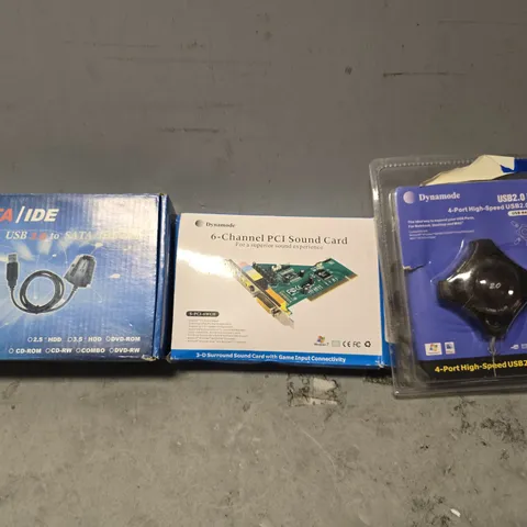 BOX OF APPROXIMATELY 12 ASSORTED ITEMS TO INCLUDE - DYNAMODE USB 2.0 HUB , DYNAMODE  CHANNEL PCI SOUND CARD, SATA IDE USB 2.0 TO SATA ETC