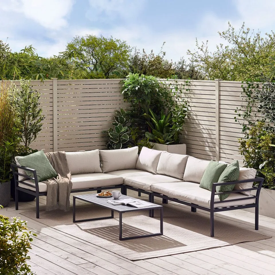 BOXED MONTENEGRO GREY METAL & LIGHT GREY 6 SEAT CORNER GARDEN SOFA SET (2 BOXES)