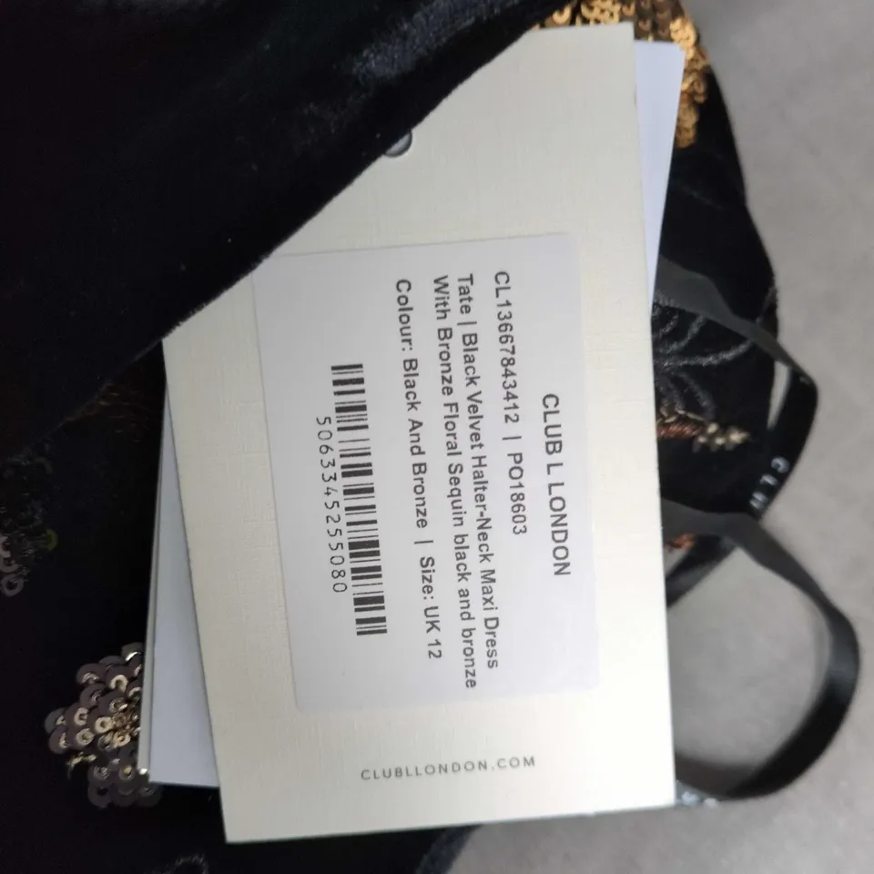 CLUB LONDON VELVET HALTERNECK MAXI DRESS – BLACK WITH BRONZE FLORAL SEQUINS (UK 12)