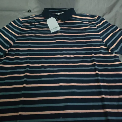 SEASALT CORNWALL MEN'S BALIFRE STRIPE POLO SHIRT – NAVY & OYSTER PINK (UK M)