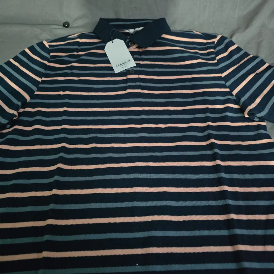 SEASALT CORNWALL MEN'S BALIFRE STRIPE POLO SHIRT – NAVY & OYSTER PINK (UK M)