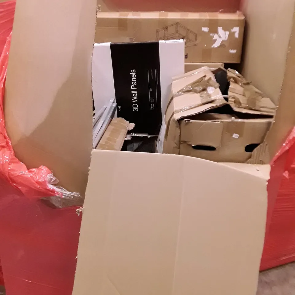 PALLET OF ASSORTED HOUSEHOLD ITEMS TO INCLUDE BOXED SET OF 4 CHAIRS, OFFICE CHAIRS, 3D WALL PANELS AND PLAYPEN