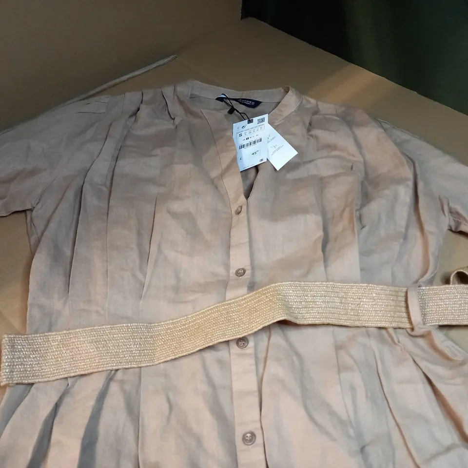ZARA DARK OATS LINEN STYLE BELTED SHIRT DRESS - SMALL