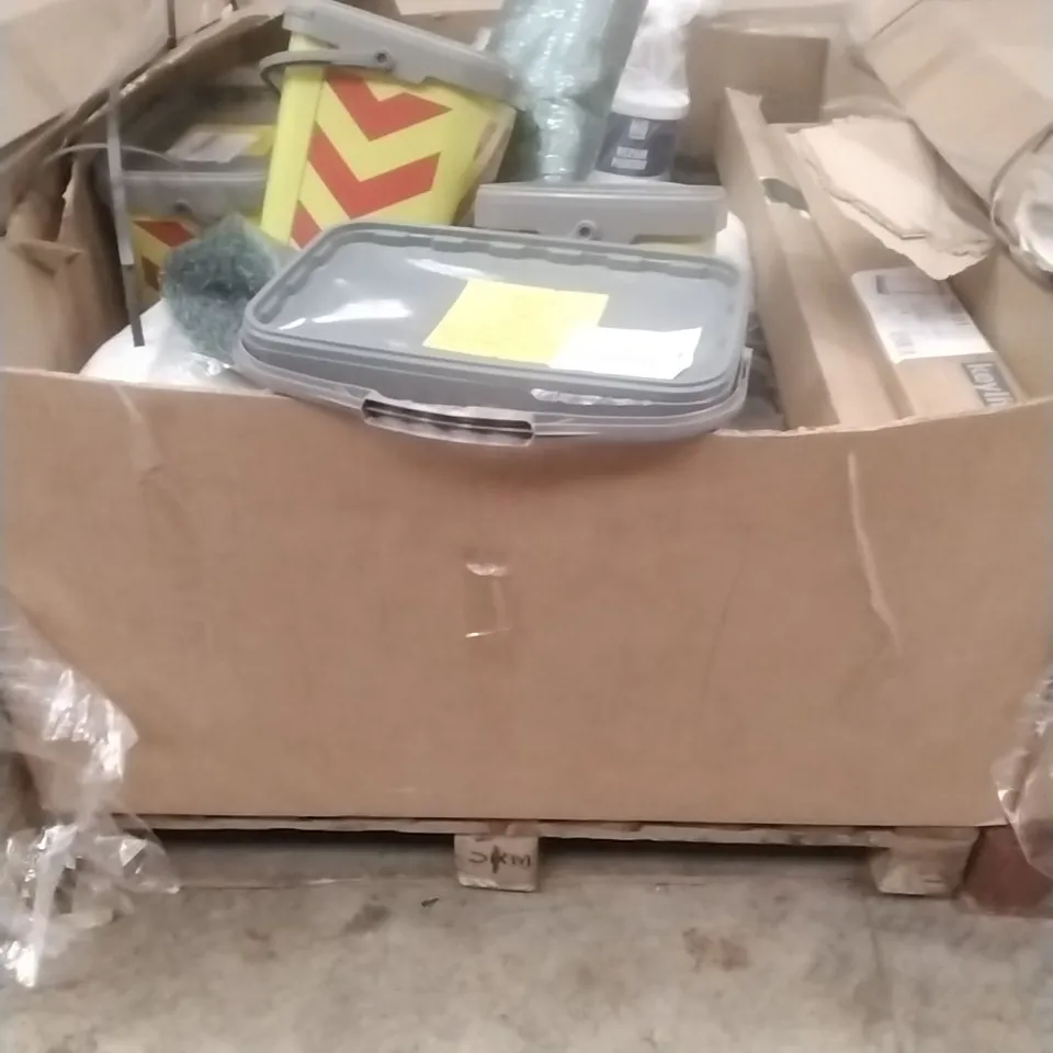 PALLET OF ASSORTED DIY, HOME IMPROVEMENT AND BUILDING PRODUCTS TO INCLUDE; ROOF WINDOW, TOUGH PATCH, PERMANENT POT HOLE REPAIR, REPAIR MORTAR, ETC