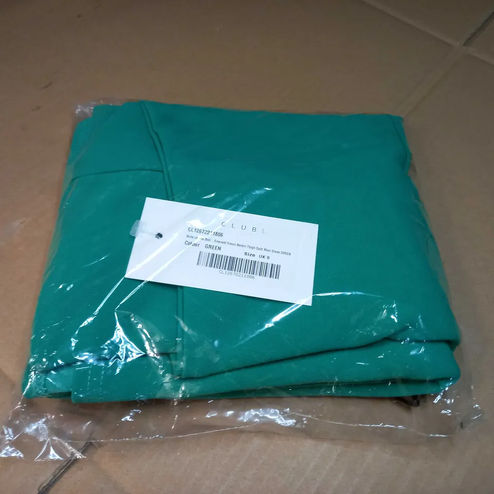 PACKAGED CLUB L EMERALD GREEN BARDOT THIGH SPLIT MAXI DRESS - SIZE 6