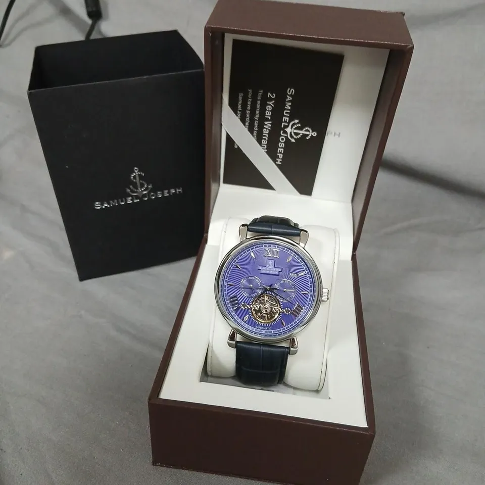 SAMUEL JOSEPH AUTOMATIC LIMITED EDITION SILVER BLUE WATCH – BLUE LEATHER STRAP SJ0005