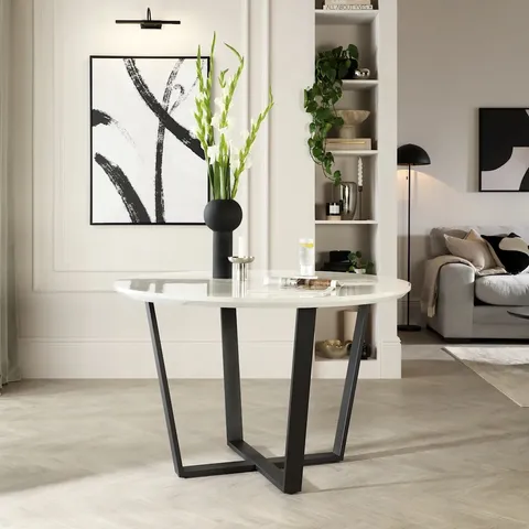 BOXED TRAVISO ROUND INDUSTRIAL DINING TABLE, 120CM, CONCRETE MARBLE EFFECT & BLACK STEEL (2 BOXES)