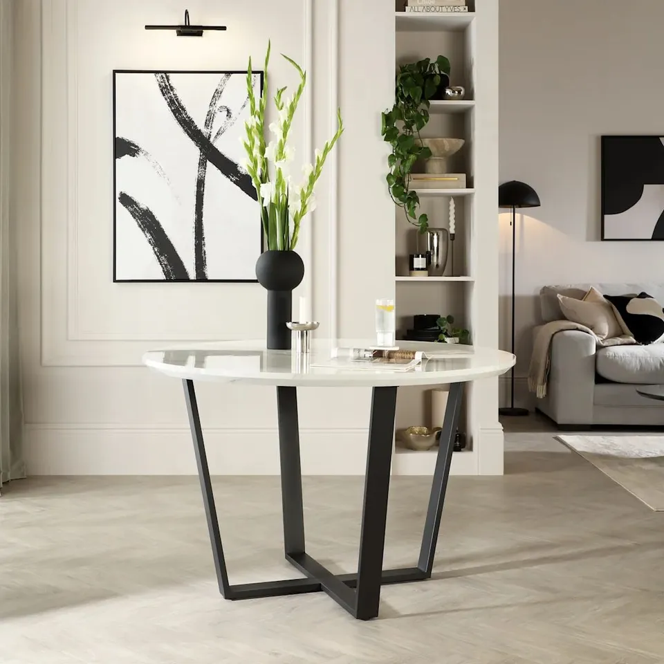 BOXED TRAVISO ROUND INDUSTRIAL DINING TABLE, 120CM, CONCRETE MARBLE EFFECT & BLACK STEEL (2 BOXES)