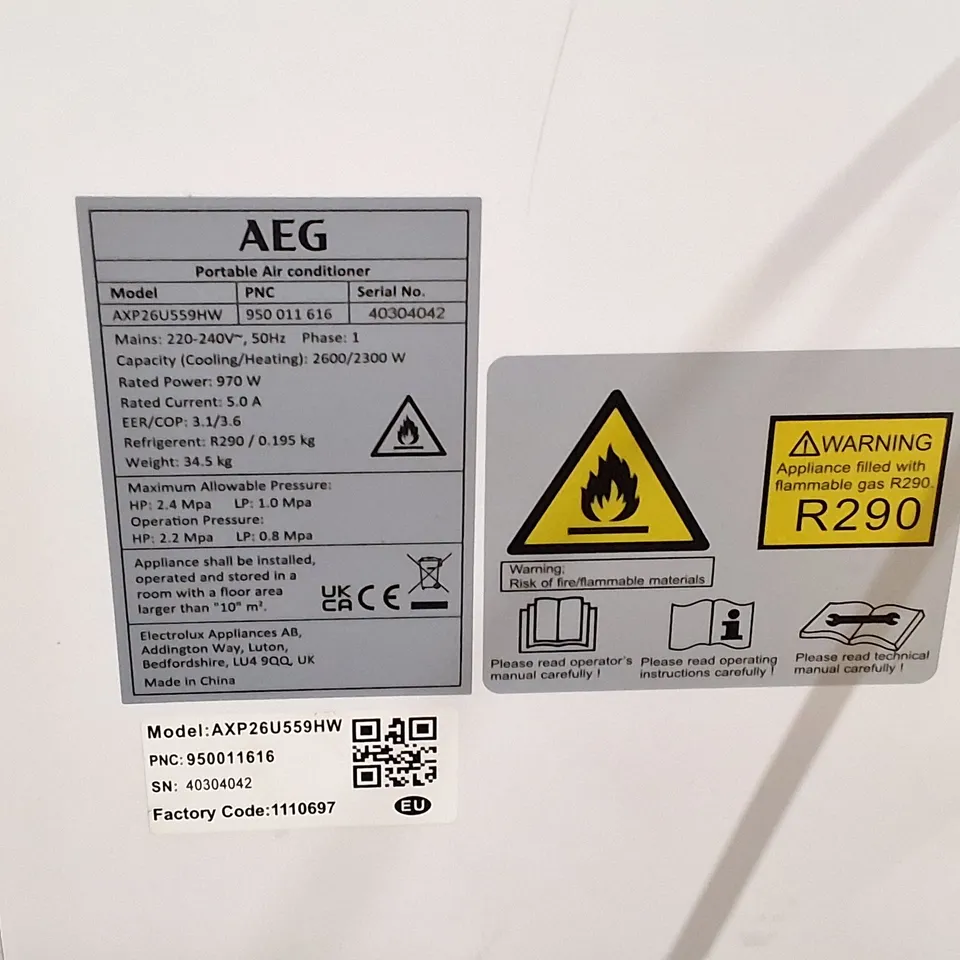 AEG Portable Air Conditioner – AXP26U559HW (Model on label) 220-240V