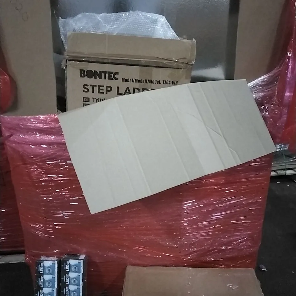 PALLET OF HOUSEHOLD ITEMS TO INCLUDE SKATEBOARD, MULTIFUNCTION CHILDREN'S BALANCE BIKE, UNDER DESK HEATER AND OTHER ASSORTED ITEMS...