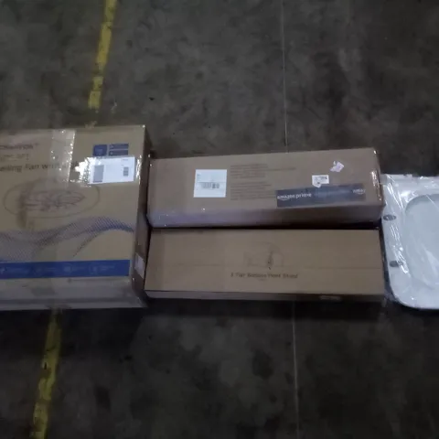 PALLET OF ASSORTED ITEMS INCLUDING TOILET SEAT, 3TIER BAMBOO PLANT STAND, CLOTHES DRYING RACK, SMART CEILING FAN WITH LIGHT