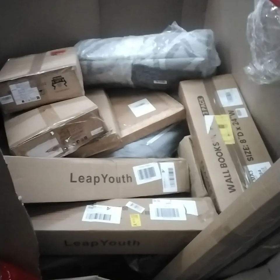 PALLET OF ASSORTED HOUSEHOLD GOODS AND PRODUCTS TO INCLUDE;BBQS, BOOKSHELF, PLANT BEDS BOXED FURNITURE ETC