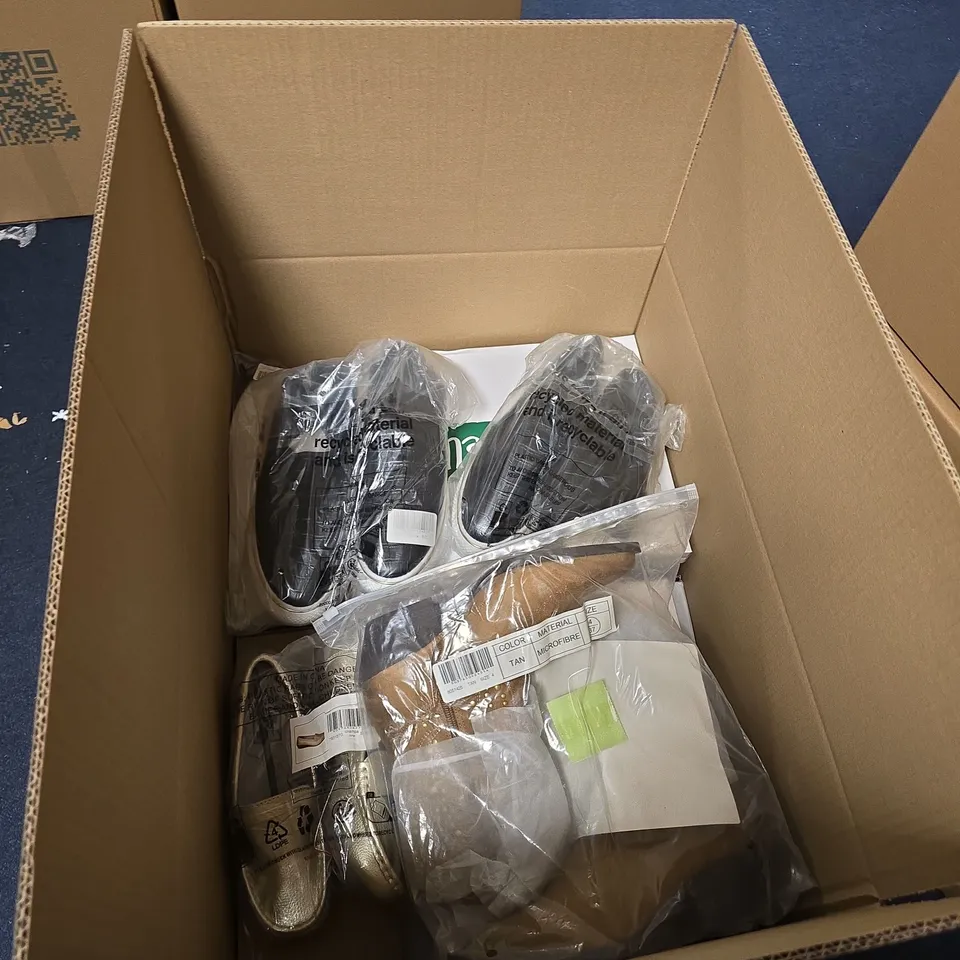 BOX OF APPROXIMATELY 15 PAIRS OF ASSORTED SHOES IN VARIOUS STYLES , COLOURS AND SIZES