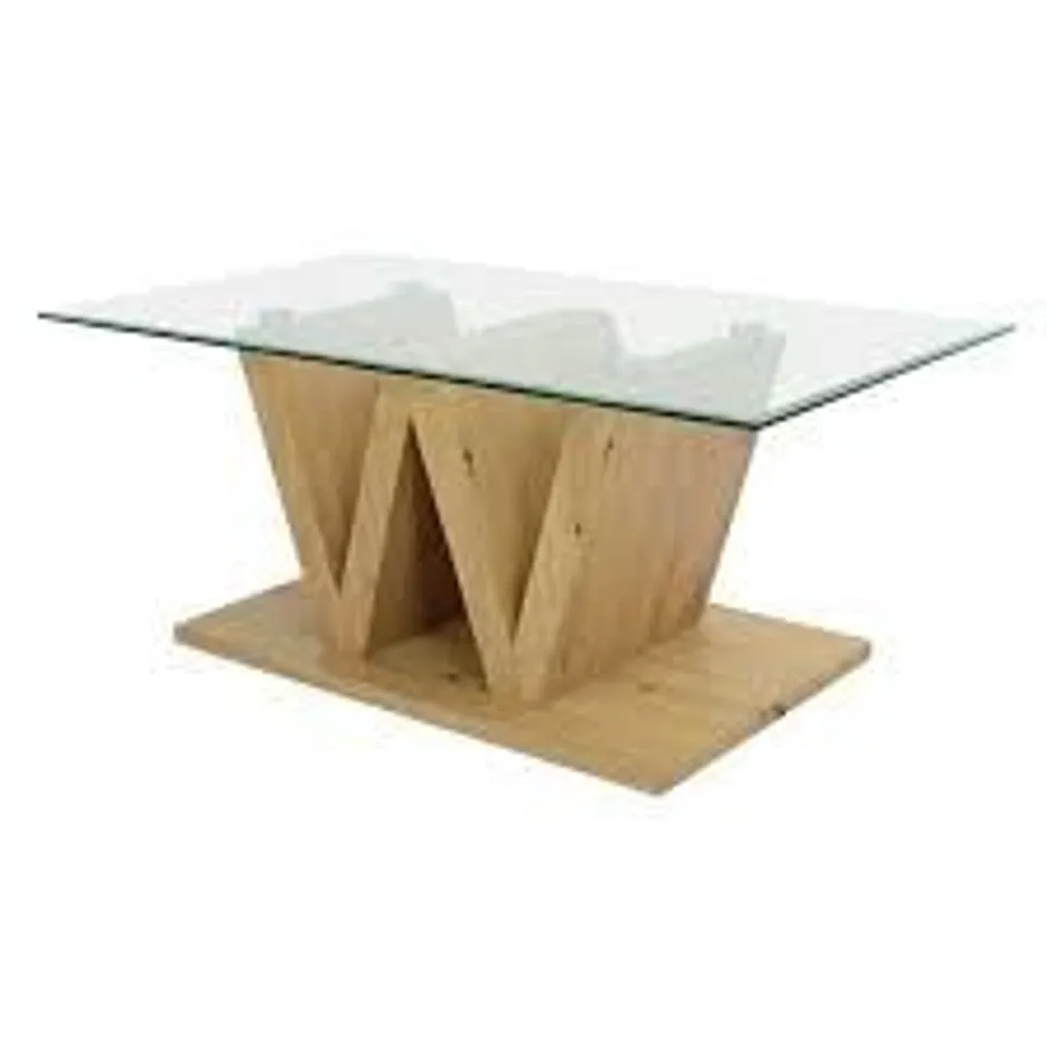 BRAND NEW & BOXED VEMO CLEAR GLASS COFFEE TABLE WITH ARTISAN OAK W-TYPE BASE (2 BOXES)