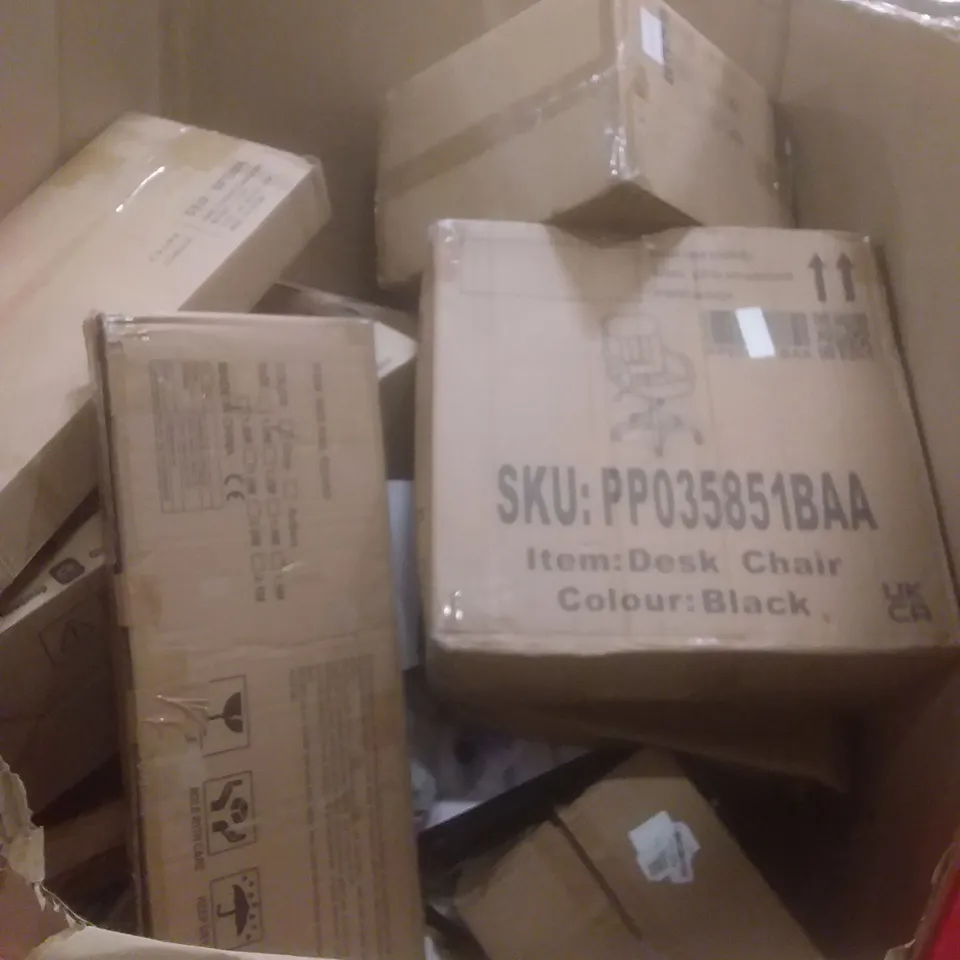 PALLET OF ASSORTED HOUSEHOLD PRODUCTS AND ITEMS, INCLUDING; FOOD PROCESSORS, 2-WHEEL TROLLEY, BED RAILS, DESK CHAIR ETC