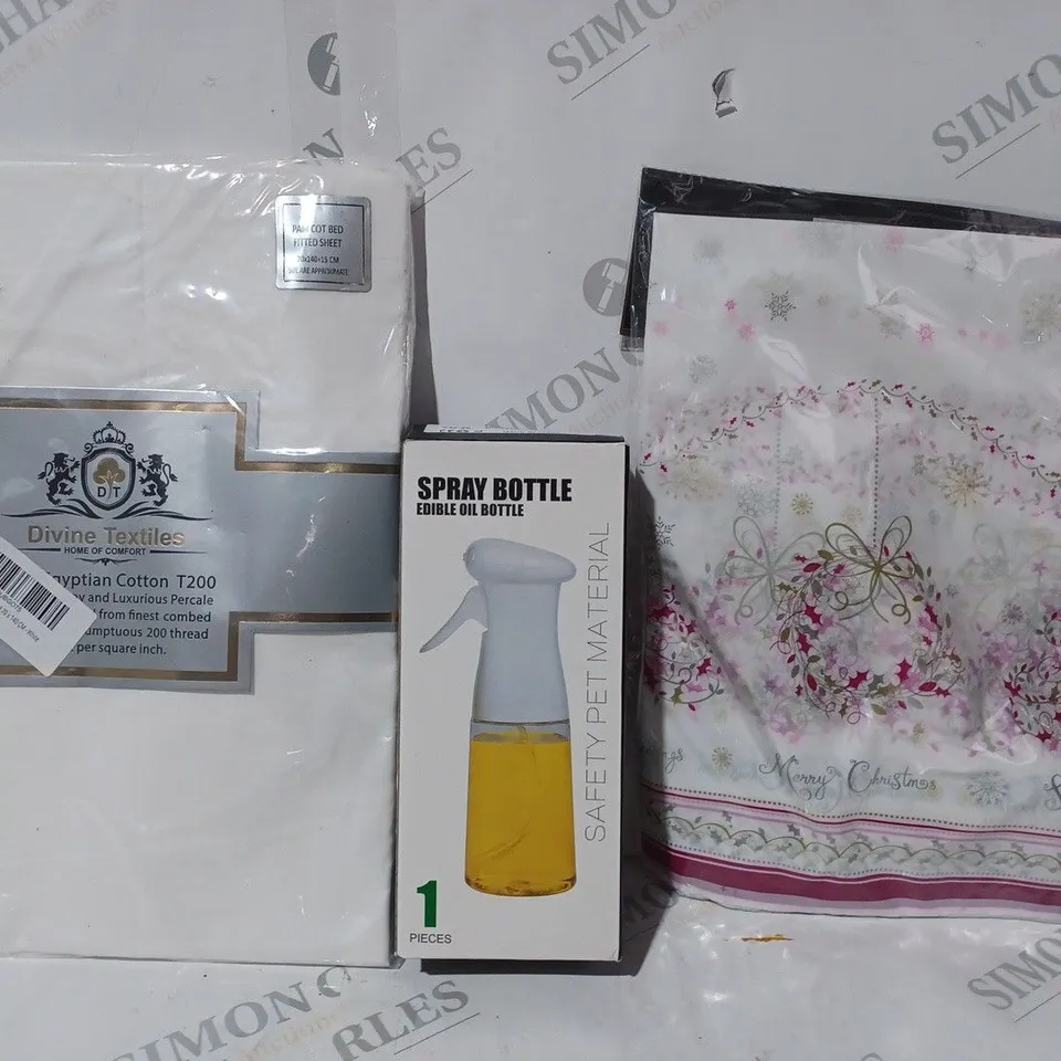 BOX OF APPROXIMATELY 10 ASSORTED HOUSEHOLD ITEMS TO INCLUDE PLASTIC TABLE COVER, SPRAY BOTTLE, COT BED FITTED SHEET, ETC