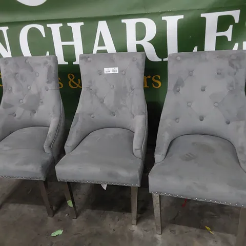 SET OF THREE UPHOLSTERED BUTTONED BACK RING DINING CHAIRS GREY PLUSH FABRIC WITH STUDDED DETAIL
