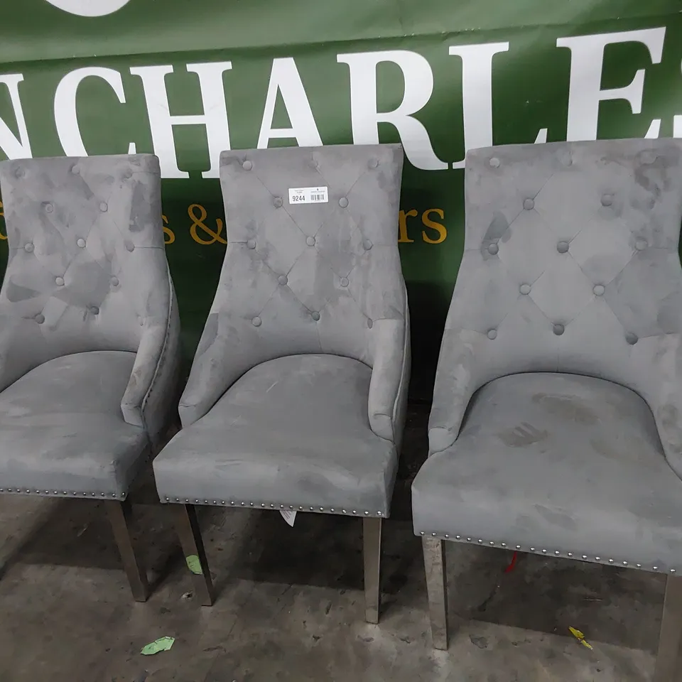 SET OF THREE UPHOLSTERED BUTTONED BACK RING DINING CHAIRS GREY PLUSH FABRIC WITH STUDDED DETAIL 