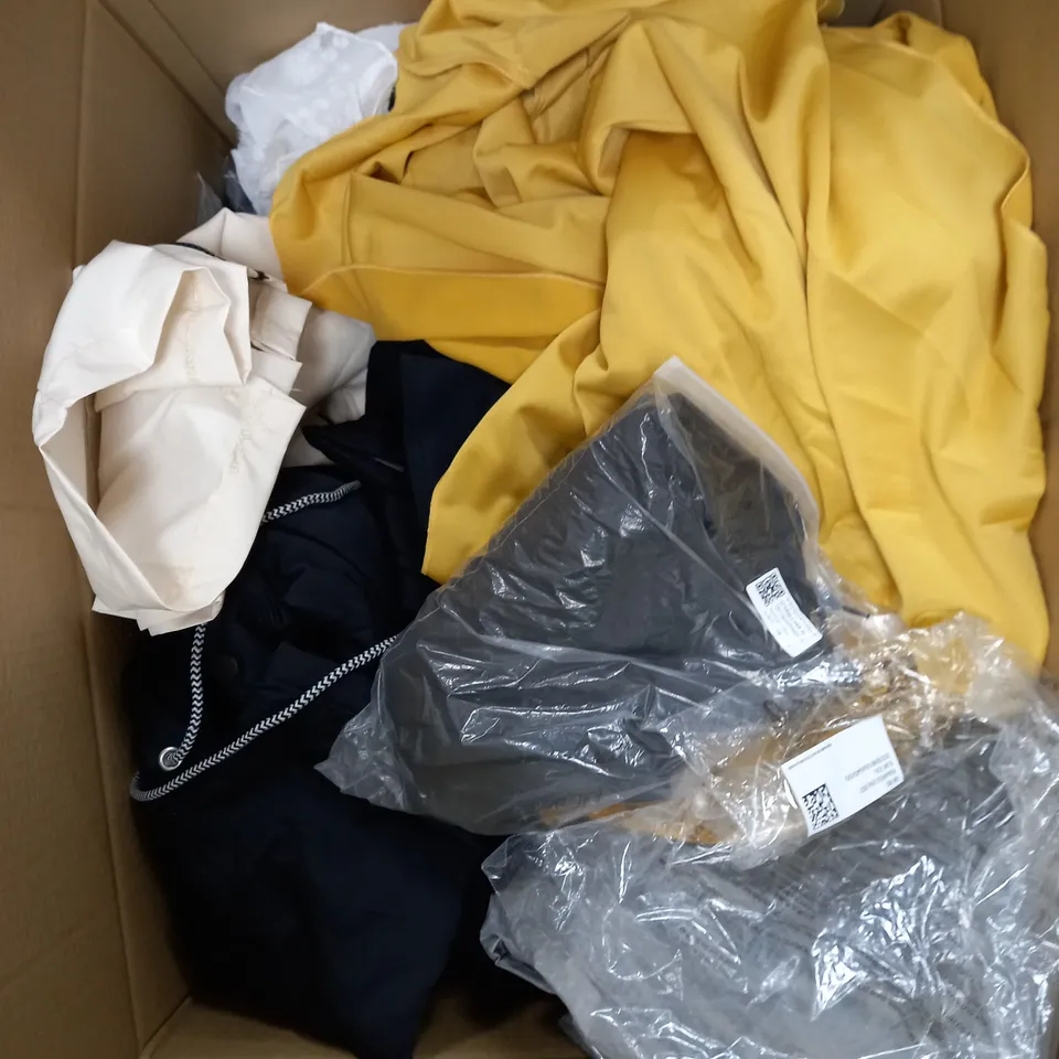 BOX OF APPROXIMATELY 30 ASSORTED CLOTHING PRODUCTS IN VARIOUS SIZES TO INCLUDE DRESSES, UNDERWEAR, T-SHIRTS ETC