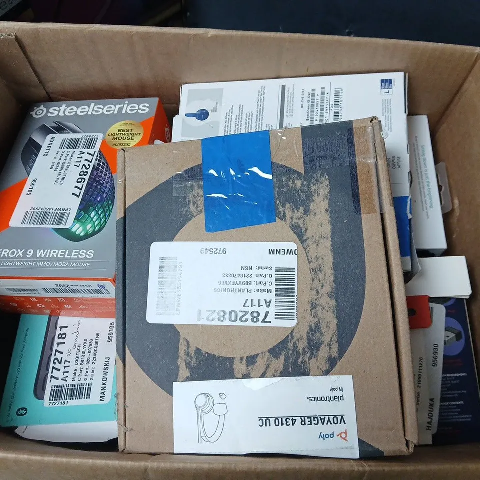 APPROXIMATELY 12 ASSORTED HEAVILY USED ELECTRICAL PRODUCTS TO INCLUDE LOGITECH K380 KEYBOARD, JABRA TALK 25SE, STEELSERIES AEROX 9 WIRELESS MOUSE, ETC