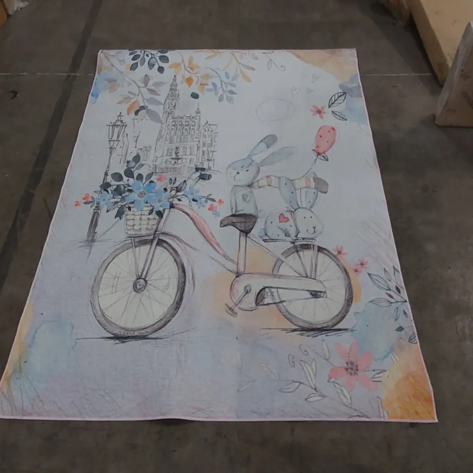 BAGGED BLUE BICYCLE RABBIT 3D MODERN BABY CHILDREN ROOM RUG 120 x 180cm