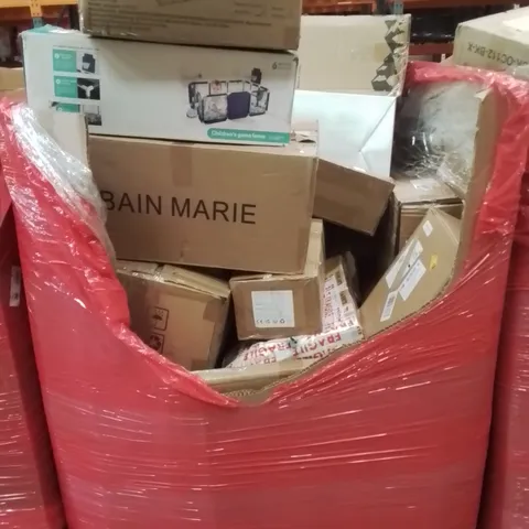 PALLET CONTAINING VARIOUS ASSORTED BOXED HOUSEHOLD ITEMS TO INCLUDE: BAIN MARIE, KIDS PLAYPENS, FOLDING CHAIR, AND LOTS MORE UNMARKED BOXED ITEMS