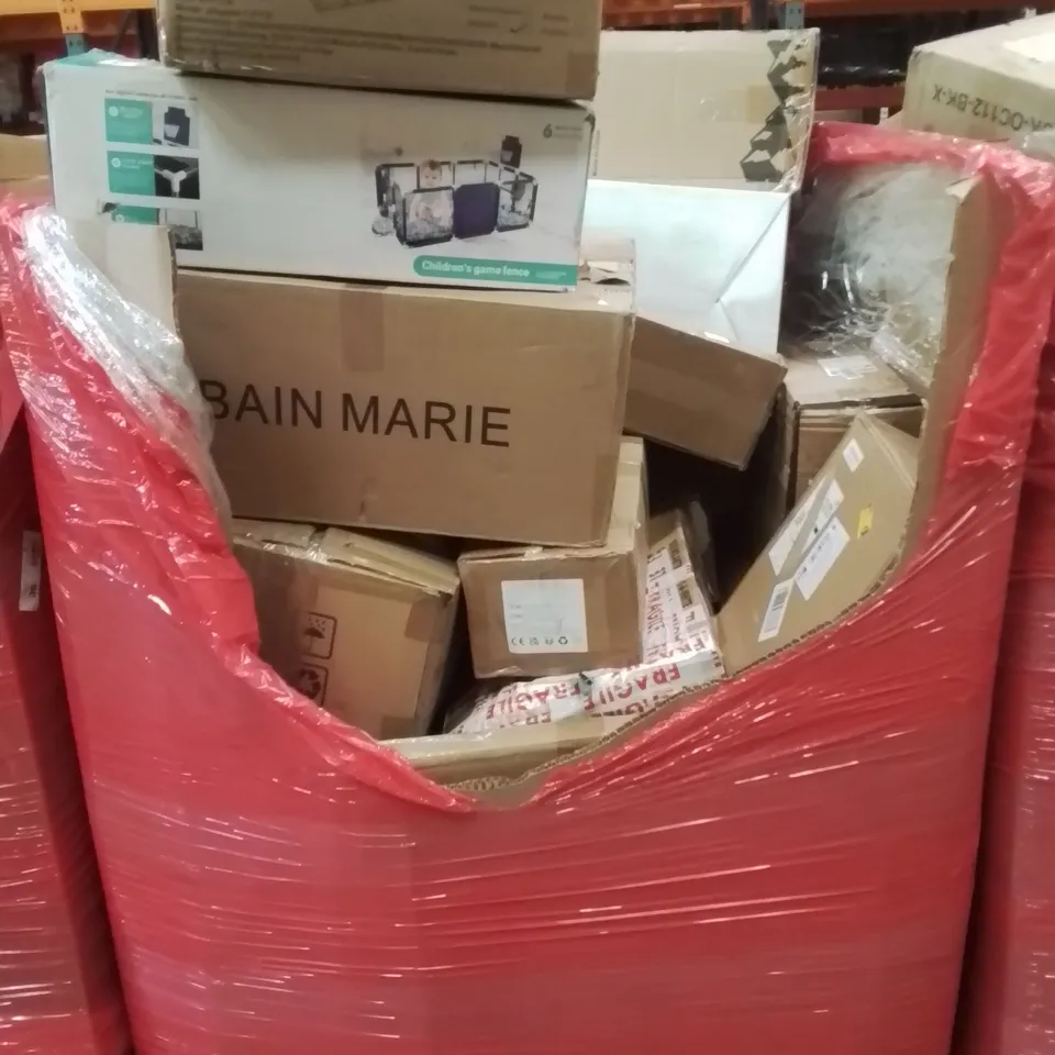 PALLET CONTAINING VARIOUS ASSORTED BOXED HOUSEHOLD ITEMS TO INCLUDE: BAIN MARIE, KIDS PLAYPENS, FOLDING CHAIR, AND LOTS MORE UNMARKED BOXED ITEMS 