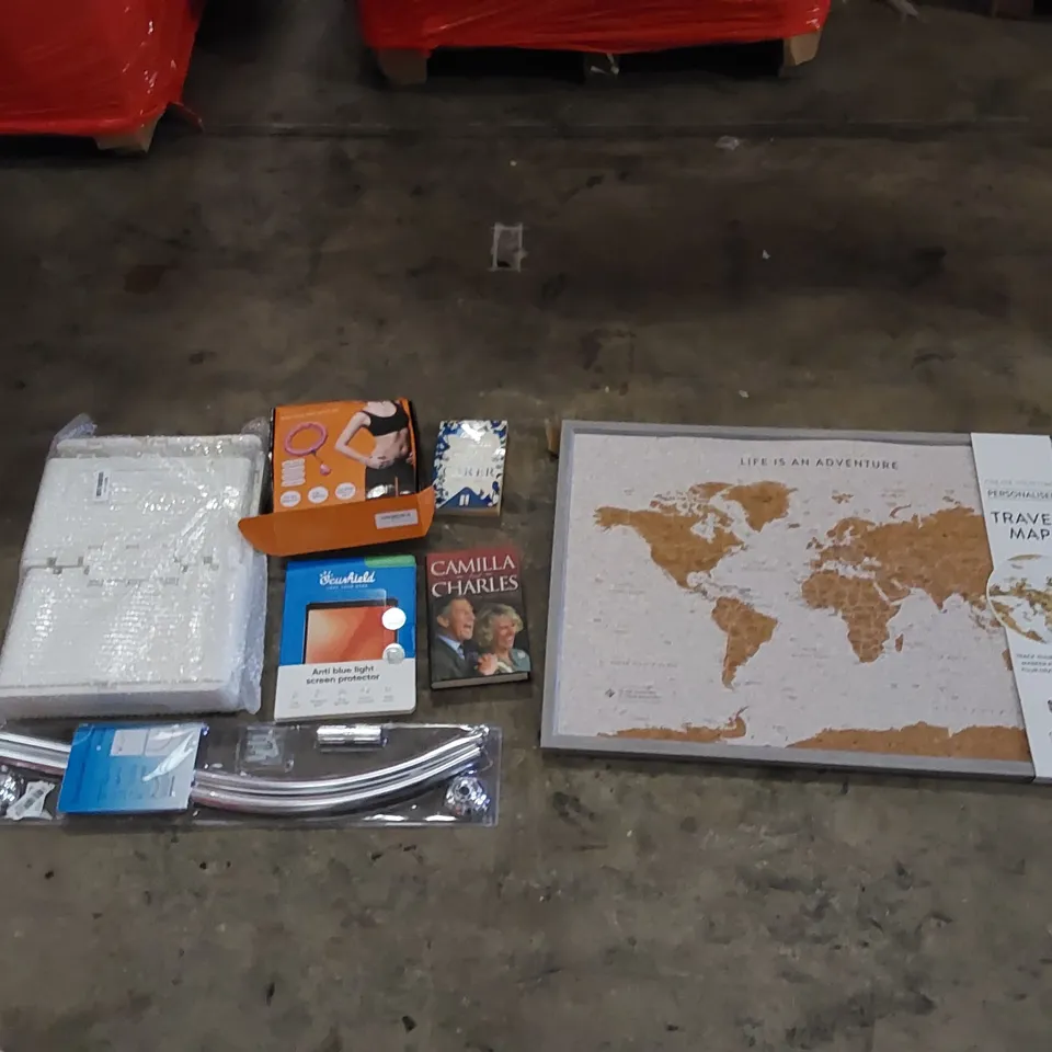 PALLET TO CONTAIN ASSORTED HOUSEHOLD PRODUCTS. INCLUDES PERSONALISED TRAVEL MAP, BOOKS, SCREEN PROTECTORS ETC