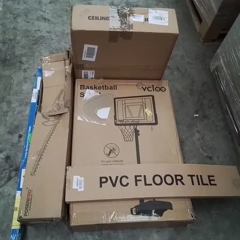 PALLET CONTAINING ASSORTED HOUSEHOLD PRODUCTS INCLUDING PVC FLOOR TILE, BASKETBALL STAND, LONG ALUMINIUM FRENCH CLEATS, HEDGE TRIMMER & CEILING FAN