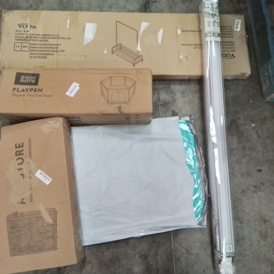 PALLET OF ASSORTED ITEMS INCLUDING PLAYPEN, NON-WOVEN FABRIC WARDROBE, HOBBY CUTTING MAT, ROLLER BLIND, CLOTHES RACK