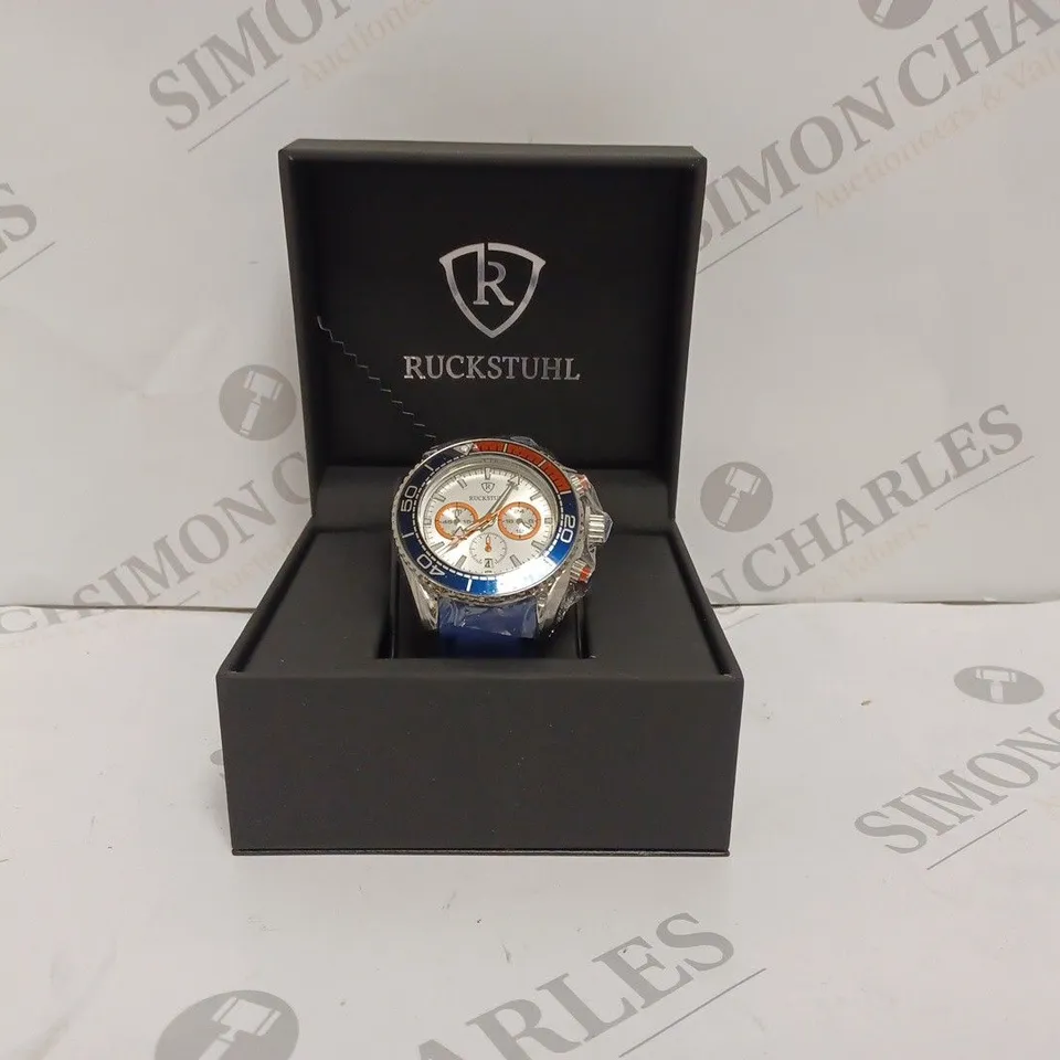 RUCKSTUHL R400 MENS CHRONOGRAPH WATCH - BLUE & ORANGE BEZEL - STAINLESS STEEL CASE - BLUE RUBBER STRAP - DISPLAY BOX