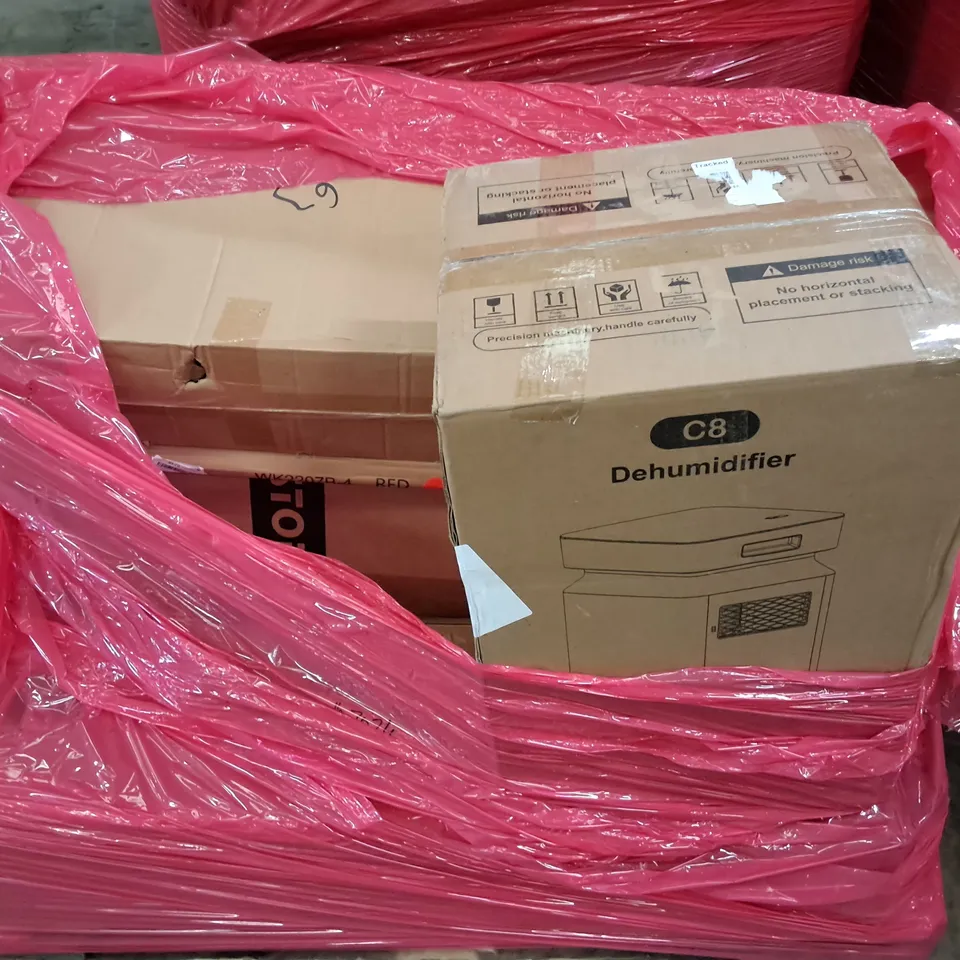 PALLET OF ASSORTED HOUSEHOLD ITEMS TO INCLUDE 3X6M PARTY TENT, DEHUMIDIFIER AND GARMENT RACK