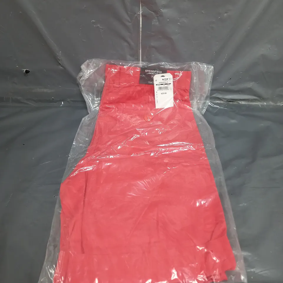 BOX OF APPROXIMATELY 15 PAIRS OF SPRINGFIELD SHORTS IN RED IN VARIOUS SIZES 