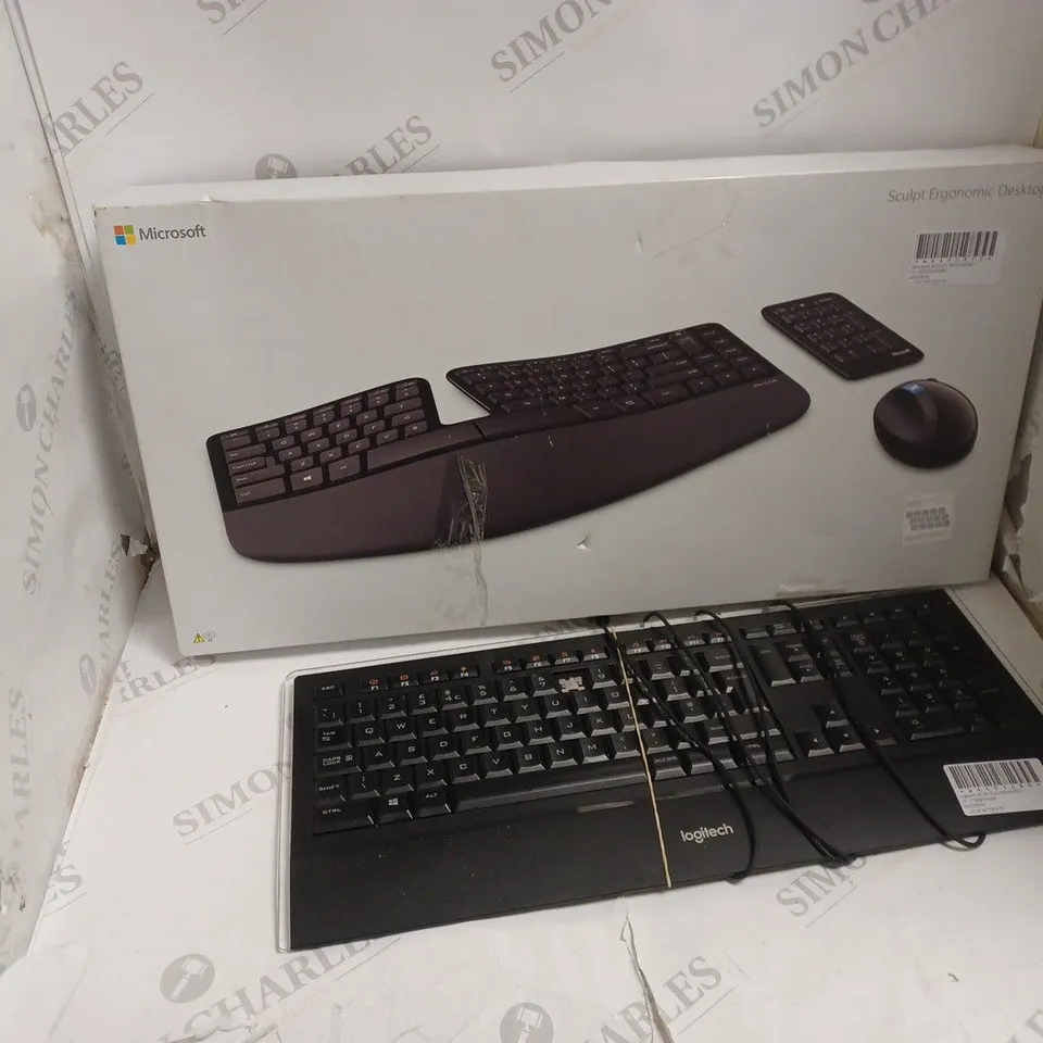 BOX OF 8 PERIPHERAL ITEMS TO INCLUDE RAPOO N2400 KEYBOARD, LOGHITECH K740 ILLUMINATE KEYBOARD, MICROSOFT SCULPT ERGONOMIC, ETC