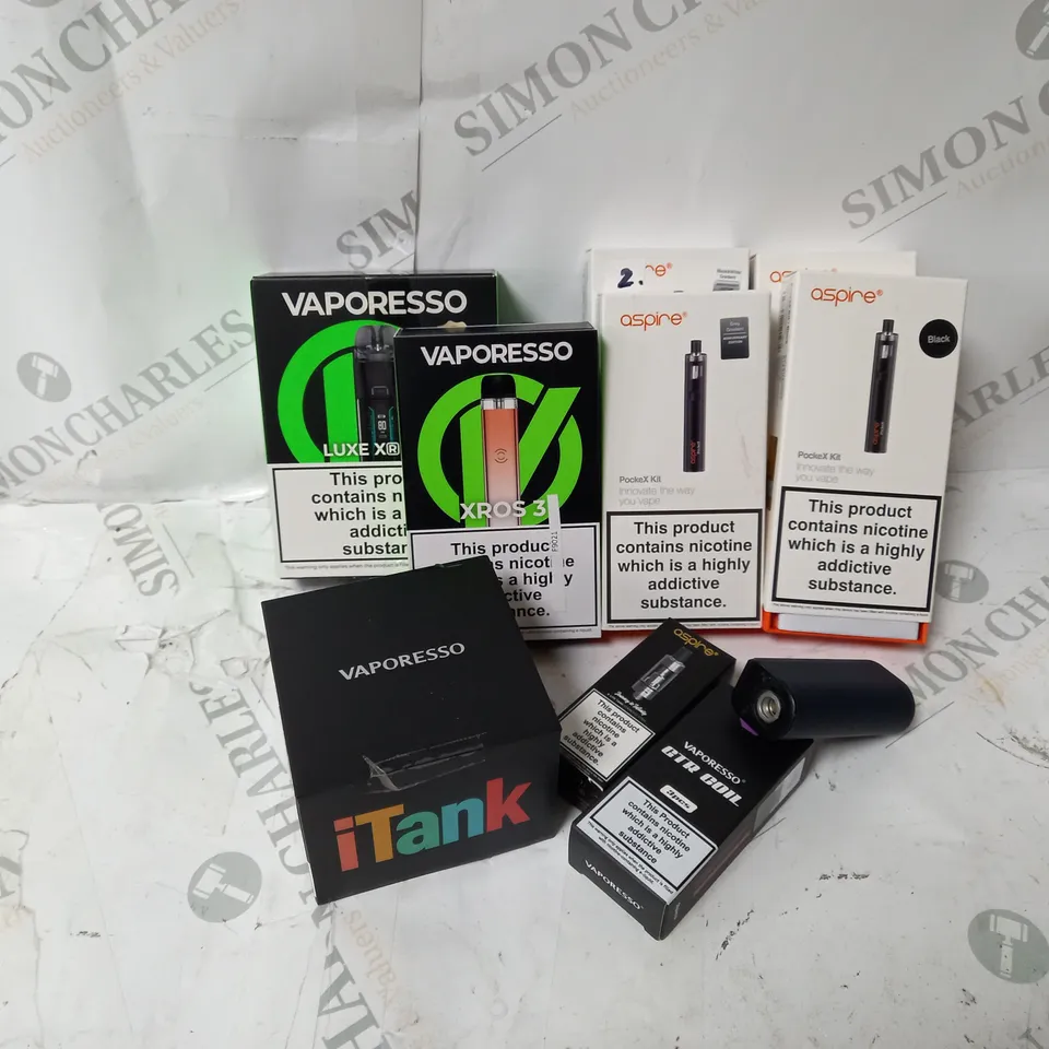 BOX OF APPROXIMATELY 10 ASSORTED E-CIG PRODUCTS TO INCLUDE VAPORESSO XROS 3, VAPORESSO ITANK, ASPIRE POCKEX KIT ETC.