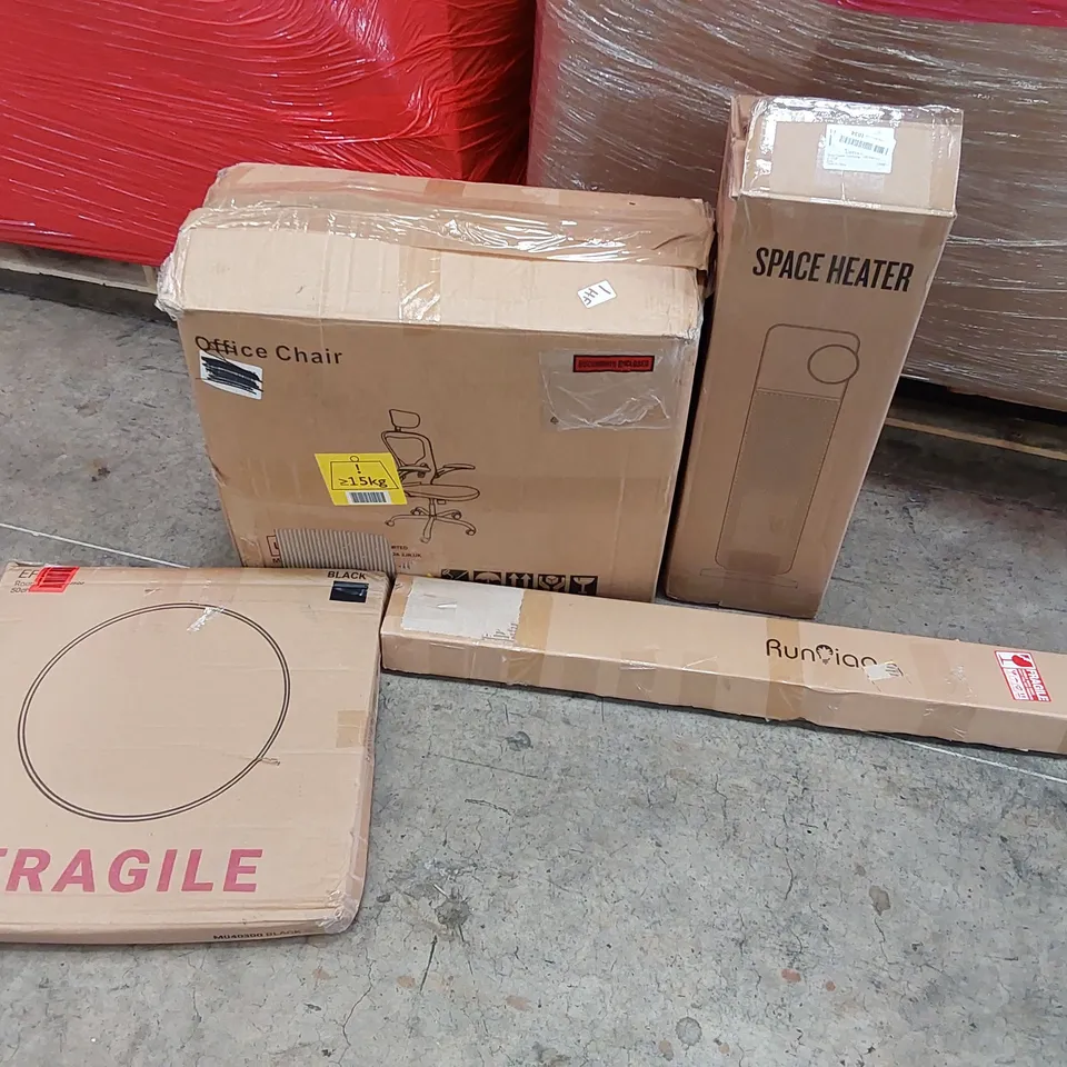 PALLET OF ASSORTED ITEMS INCLUDING: SPACE HEATER, OFFICE CHAIR, WALL MIRROR, LED AQUARIUM LIGHT 