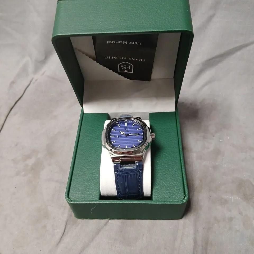 FRANK SCHMIDT WRISTWATCH – BLUE DIAL, BLUE LEATHER STRAP, BOXED