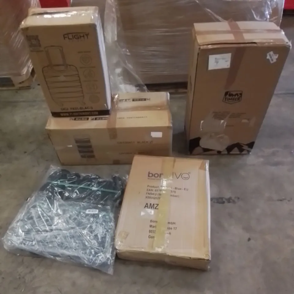 PALLET CONTAINING ASSORTED HOUSEHOLD AND HOME IMPROVEMENT PRODUCTS. INCLUDES HOME FURNITURE, STRAPS, FLIGHT BAG ETC