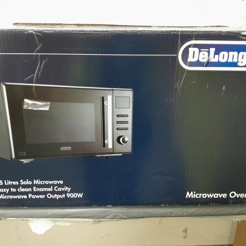 BOXED DELONGHI SOLO MICROWAVE BLACK 25 LITRES - COLLECTION ONLY