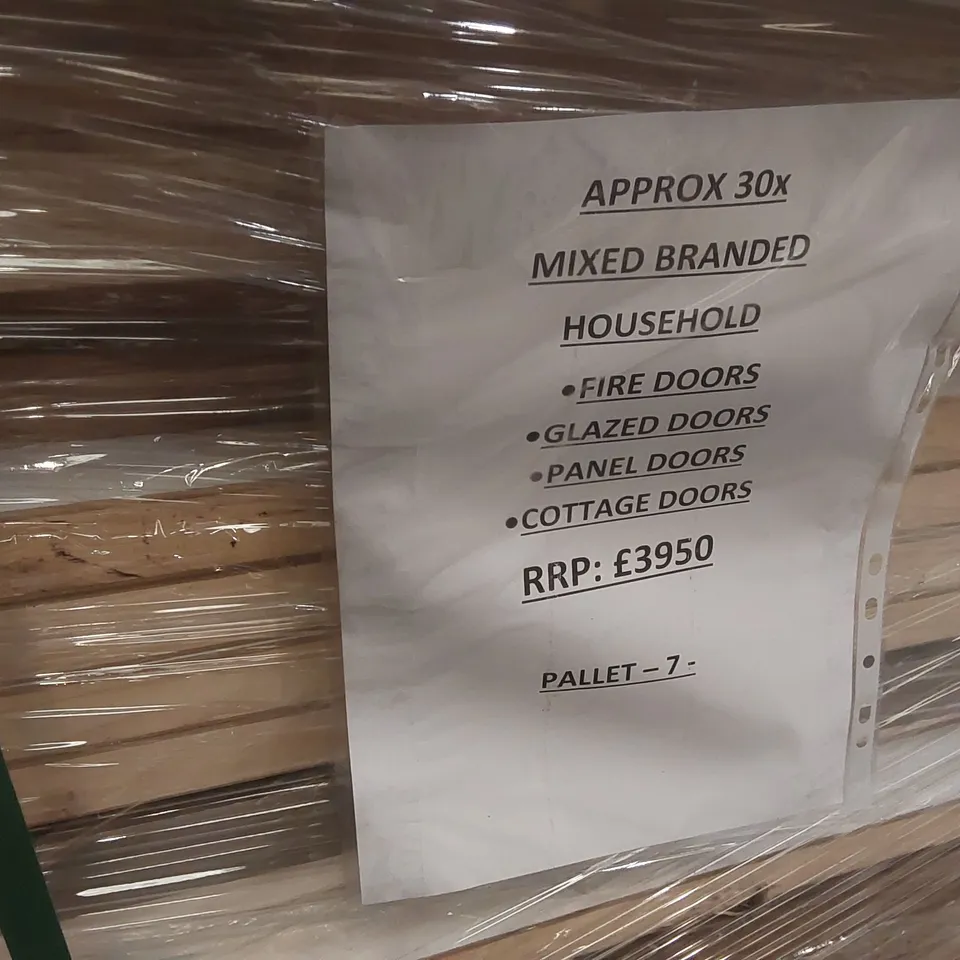 PALLET CONTAINING APPROXIMATELY 30x MIXED BRANDED HOUSEHOLD FIRE DOORS, GLAZED DOORS, PANEL DOORS, COTTAGE DOORS ECT