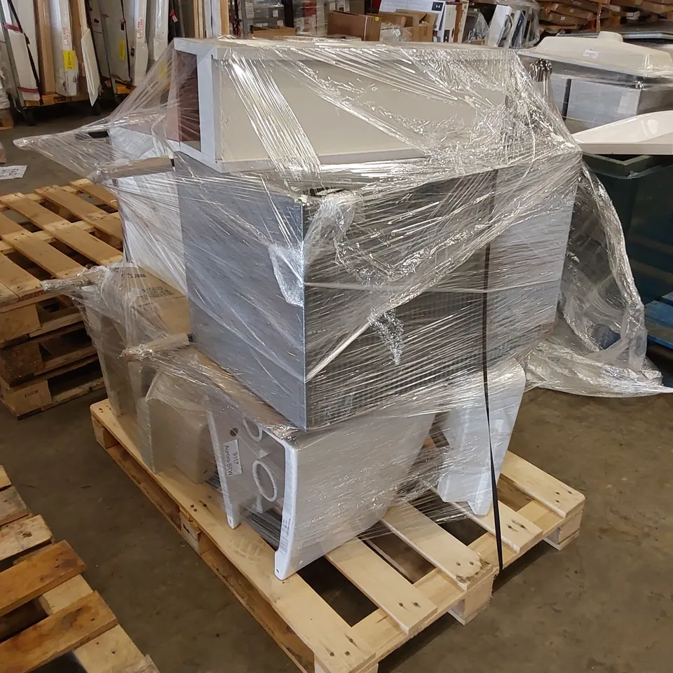 PALLET OF ASSORTED BATHROOM PRODUCTS. INCLUDING TOILET BASIN, VANITY UNIT, BATHROOM FURNITURE ETC