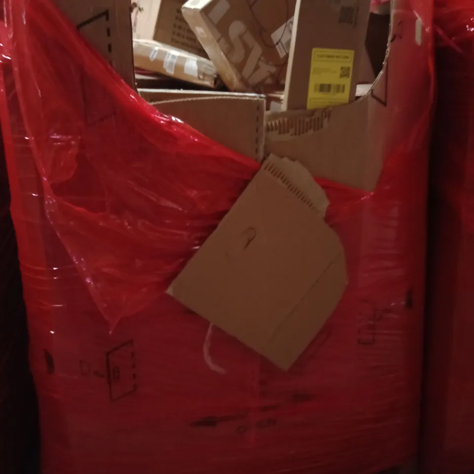 PALLET OF ASSORTED HOUSEHOLD GOODS AND PRODUCTS TO INCLUDE; MONITOR, CEILING FAN,HANDLE FOR PORCH