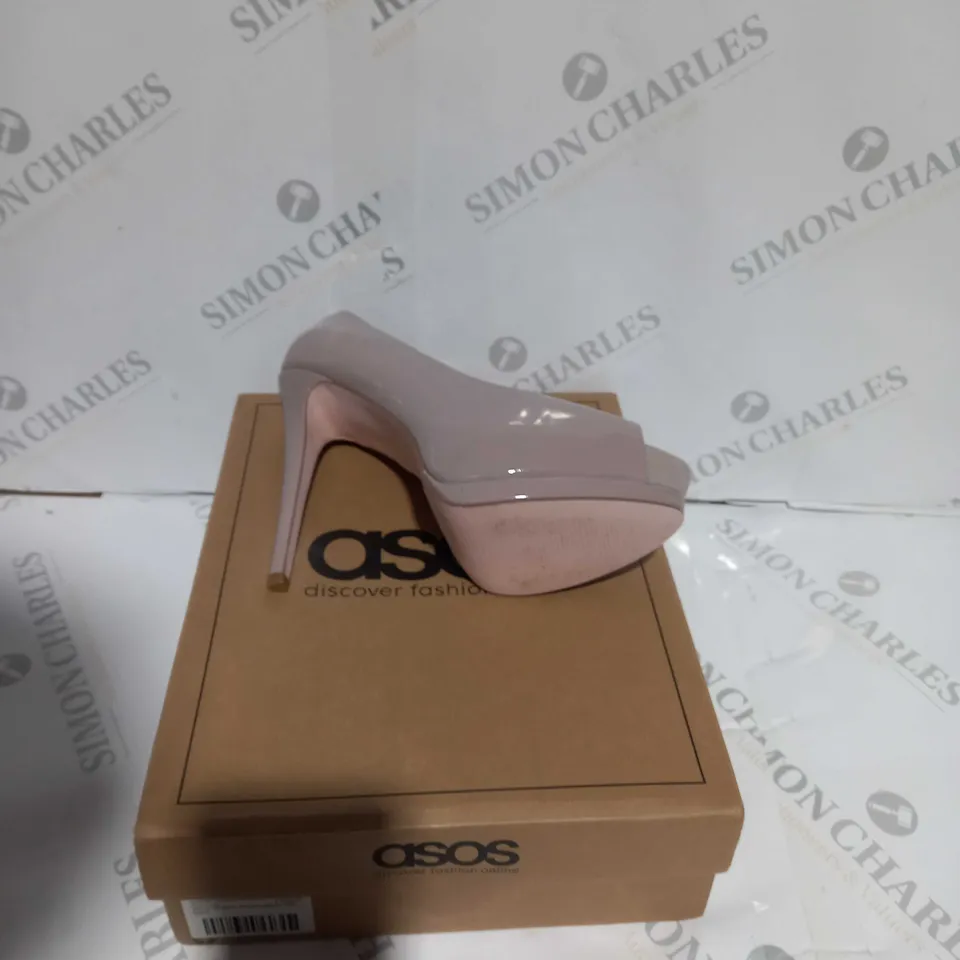 BOXED PAIR OF ASOS WARM TAUPE PATENT PLAYFUL PLATFORM HIGH HEELS 