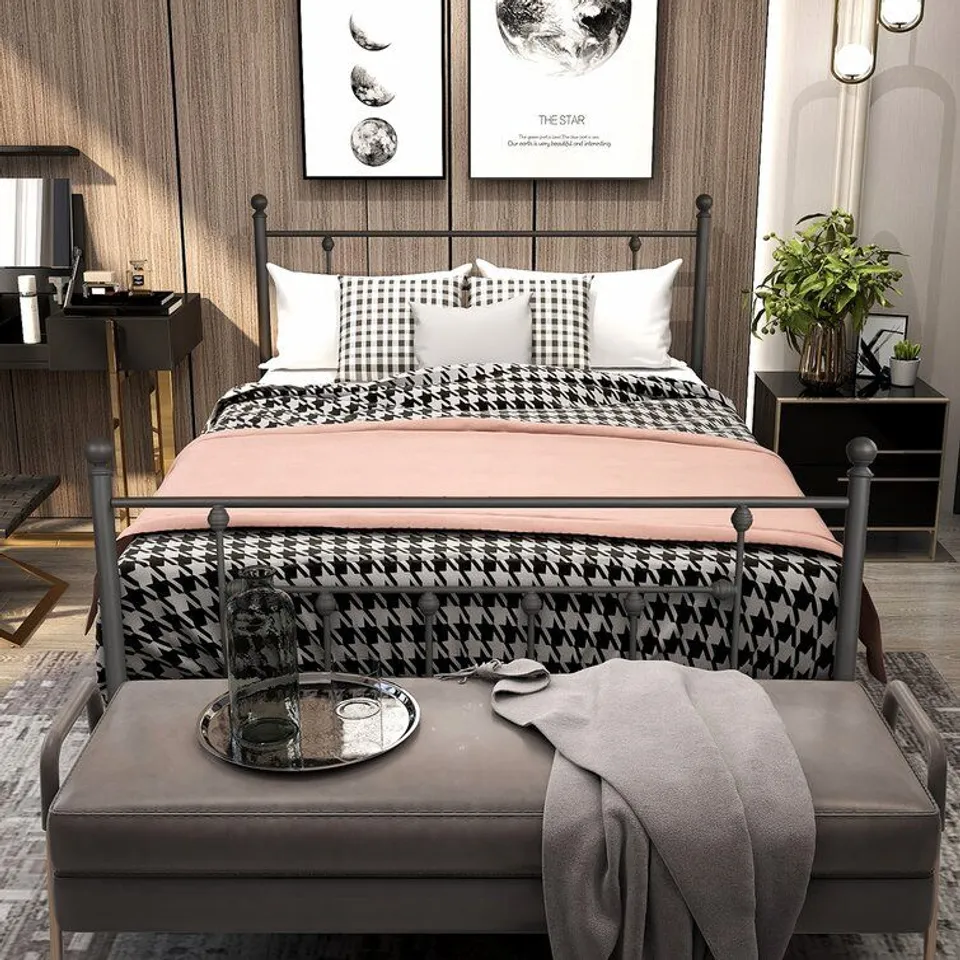 BOXED LANNING DOUBLE SIZE METAL BED FRAME - BLACK (1 BOX)