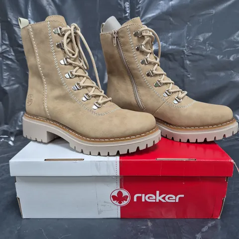 BOXED PAIR OF RIEKER LACE UP ZIP BOOTS IN STONE SIZE 5