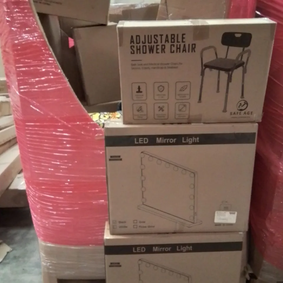 PALLET CONTAINING VARIOUS ASSORTED BOXED HOUSEHOLD ITEMS TO INCLUDE: RIFFLE BOTTLE AND WHISKY GLASSES, HOLLYWOOD STYLE LED MIRRORS, ADJUSTABLE SHOWER CHAIR, CAMPING AND LOTS MORE UNMARKED BOXED ITEMS 