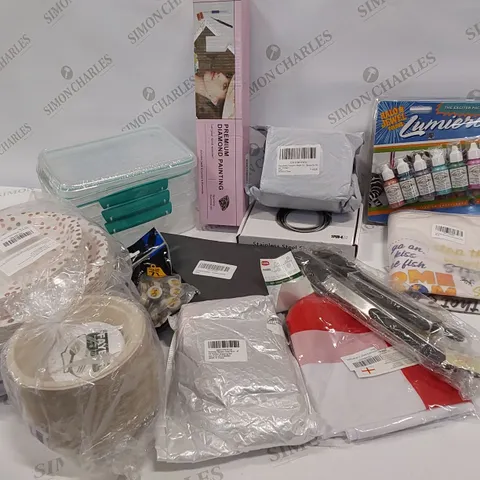 15 BRAND NEW ITEMS TO INCLUDE: METALLIC PAINT SET, COOKING TONGS, PACKS OF PLATES,STAVK OF PAPER BOWLS