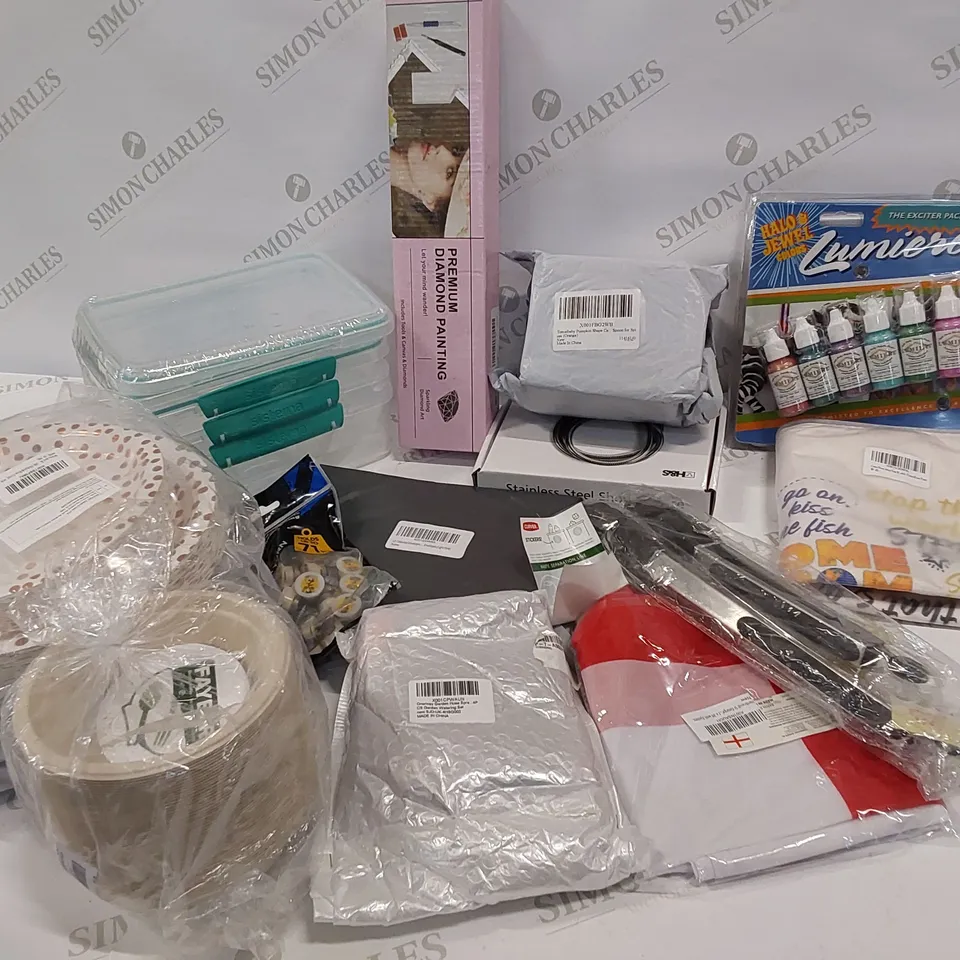 15 BRAND NEW ITEMS TO INCLUDE: METALLIC PAINT SET, COOKING TONGS, PACKS OF PLATES,STAVK OF PAPER BOWLS